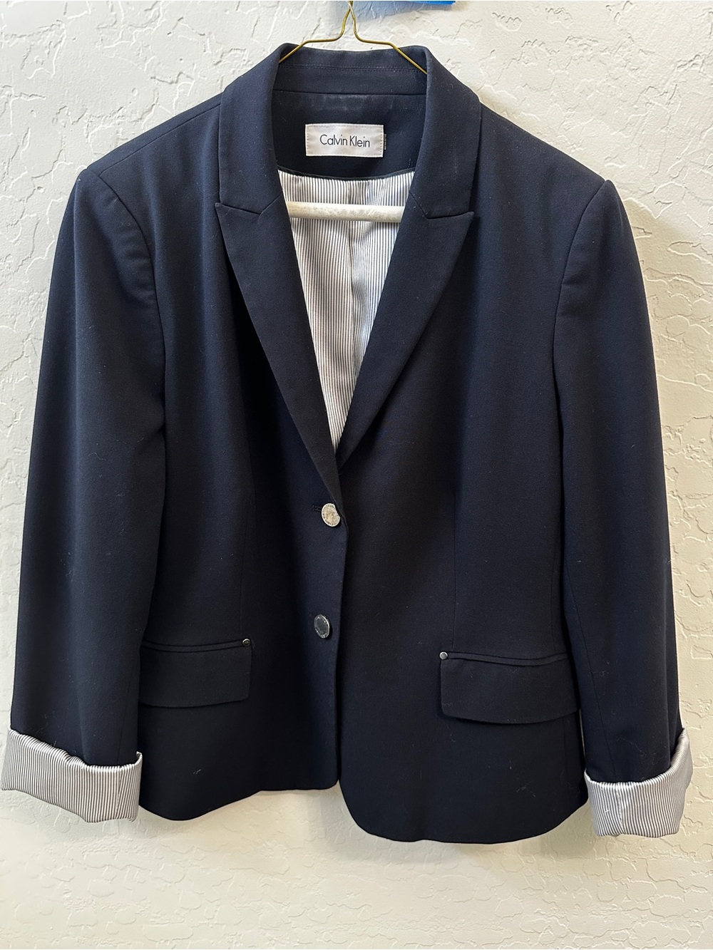 Calvin Klein Black 2 Button Blazer- Est. Large- Striped Lining